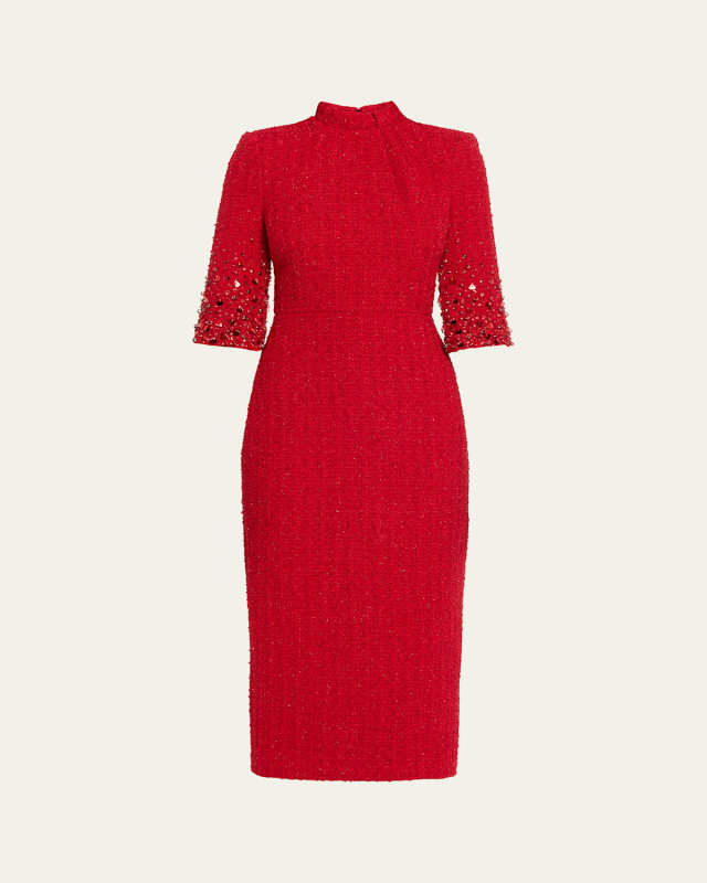 Mock-Neck Beaded Shimmer Tweed Midi Dress